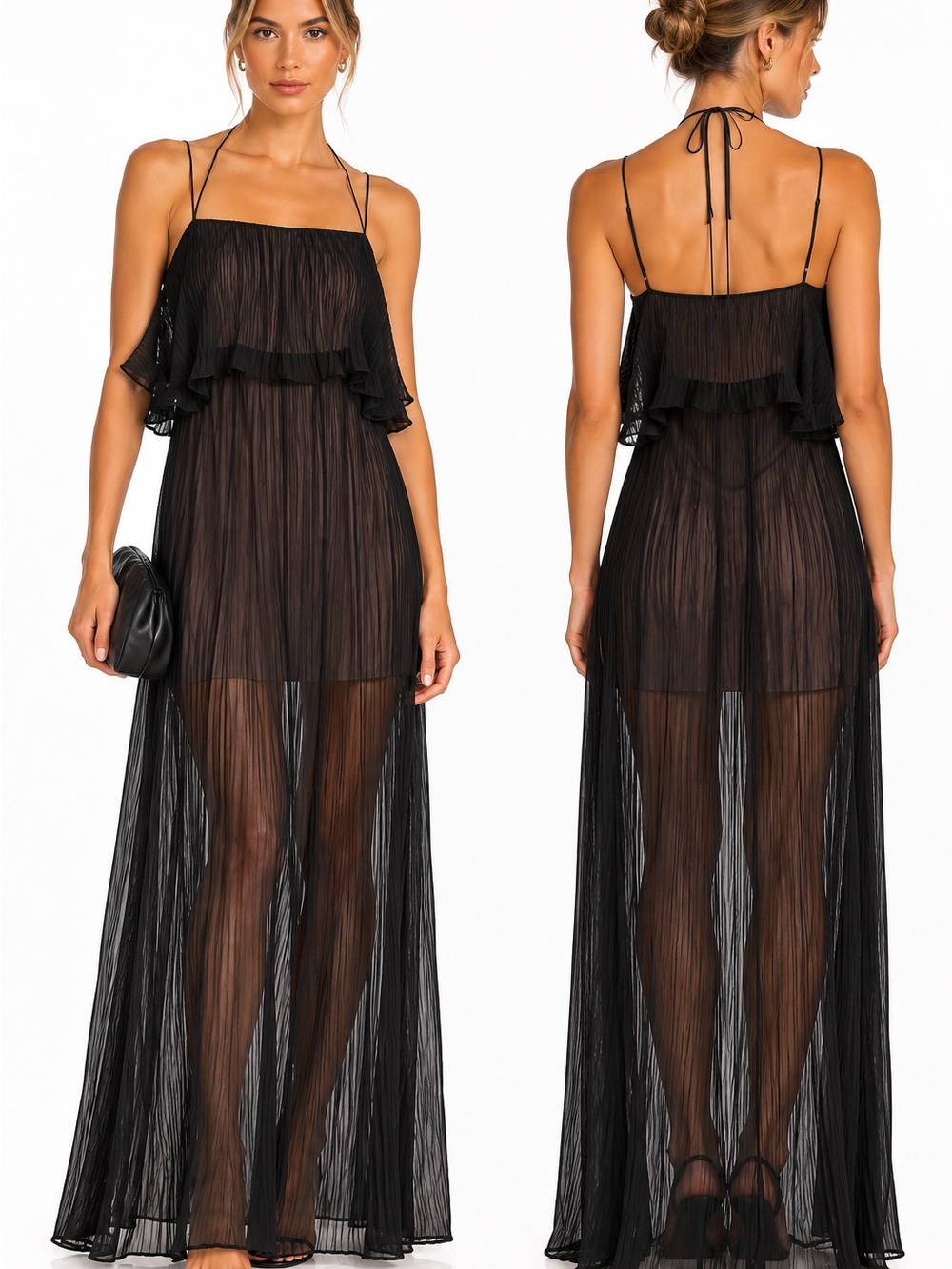 W118 by Walter Baker Black Sheer Ruffle Maxi Dress